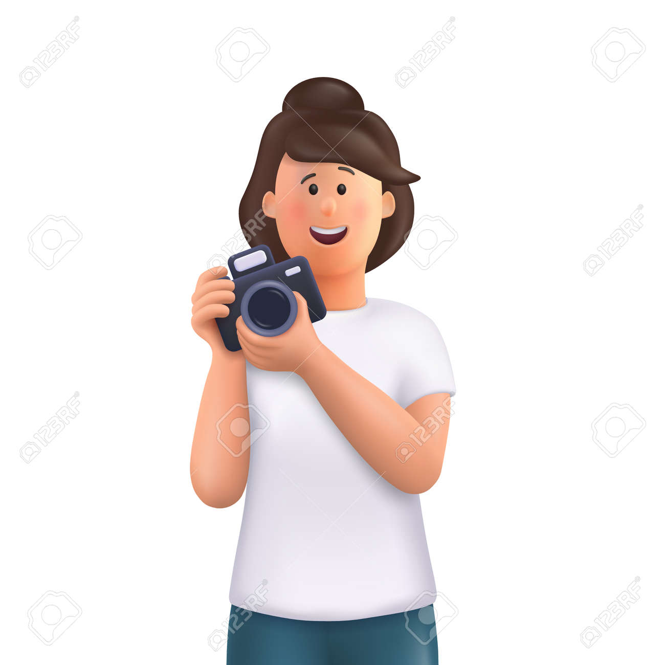 Young woman Jane holding camera, taking photo and smiling. Professional photographer, cameraman concept. 3d vector people character illustration. - 170510150 Young woman Jane holding camera, taking photo and smiling. Professional photographer, cameraman concept. 3d vector people character illustration. - 170510150