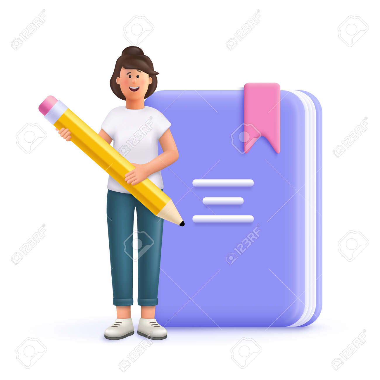 Young woman Jane holding pen front of huge book. Prepare to examination, make homework, read and learn. Education, university, college concept. 3d vector people character illustration. - 171273330 Young woman Jane holding pen front of huge book. Prepare to examination, make homework, read and learn. Education, university, college concept. 3d vector people character illustration. - 171273330