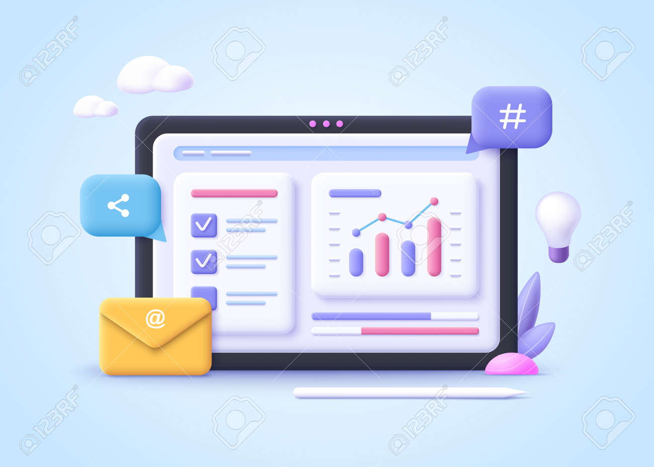 Concept of office work, day - teamwork, brainstorming, new project. 3d realistic vector illustration. - 171439328 Concept of office work, day - teamwork, brainstorming, new project. 3d realistic vector illustration. - 171439328