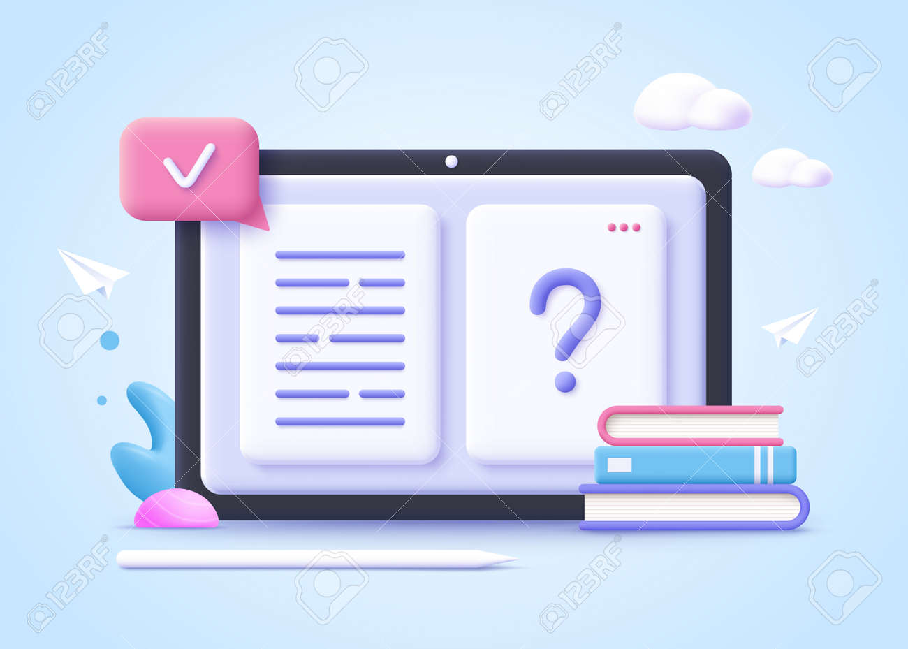 Conceito de educação on-line. páginas de livros e ponto de interrogação, recursos de aprendizagem, curso de estudo, preparação do exame, conhecimento de revisão, resumo curto, escrever ensaio. 3d ilustração vetorial realista. - 171722195 Conceito de educação on-line. páginas de livros e ponto de interrogação, recursos de aprendizagem, curso de estudo, preparação do exame, conhecimento de revisão, resumo curto, escrever ensaio. 3d ilustração vetorial realista. - 171722195