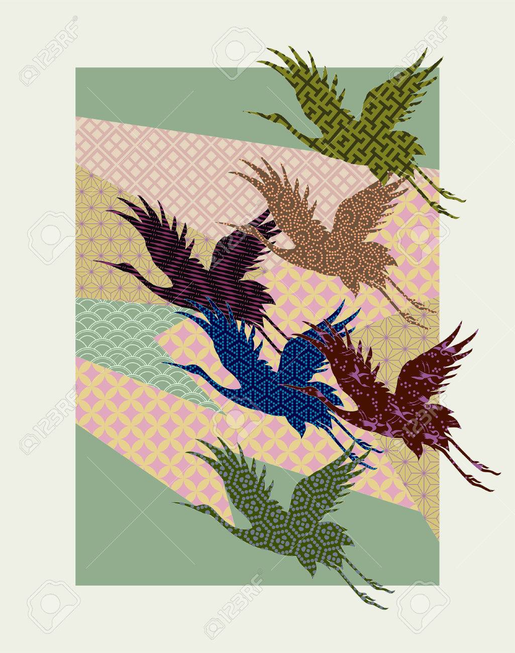 クレーンの伝統的な和柄でいっぱいのシルエットのイラスト素材 ベクタ Image