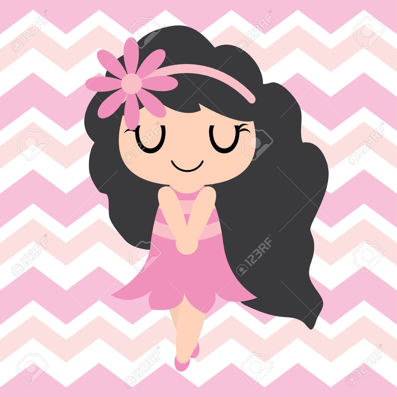 Kid Nursery Wall With Cute Girls On Pink Chevron Background Vector Kid Nursery Wall With Cute Girls On Pink Chevron Background Vector