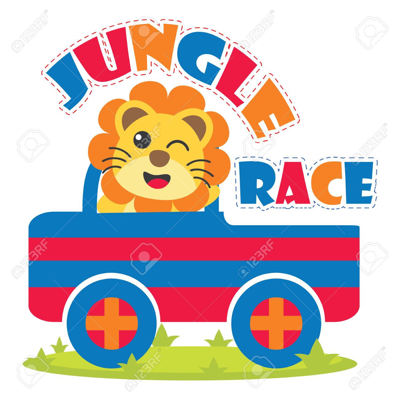 かわいいライオンは子供の T シャツのデザイン 保育園の壁と壁紙のジャングル ベクトル漫画イラストで車を運転します のイラスト素材 ベクタ Image