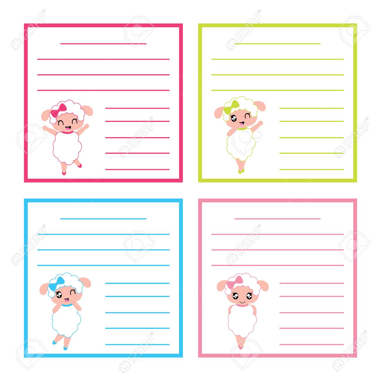 子供メモ用紙セットとノートのカラフルなフレーム ベクトル漫画イラストでかわいい羊女の子とカラフルなメモ紙 のイラスト素材 ベクタ Image