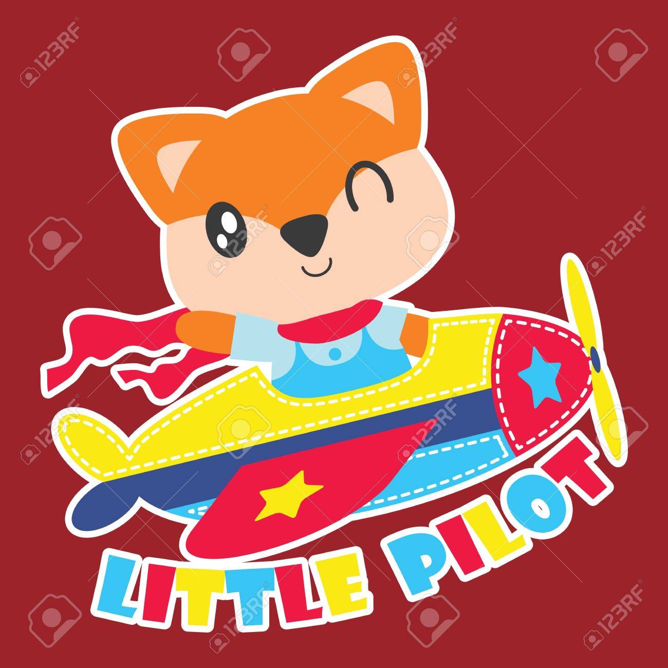 かわいいキツネは子供 T シャツのデザイン 子供の保育園の壁およびグラフィックの壁紙の小さなパイロット ベクトル漫画イラストとして Plabe を飛ぶ のイラスト素材 ベクタ Image