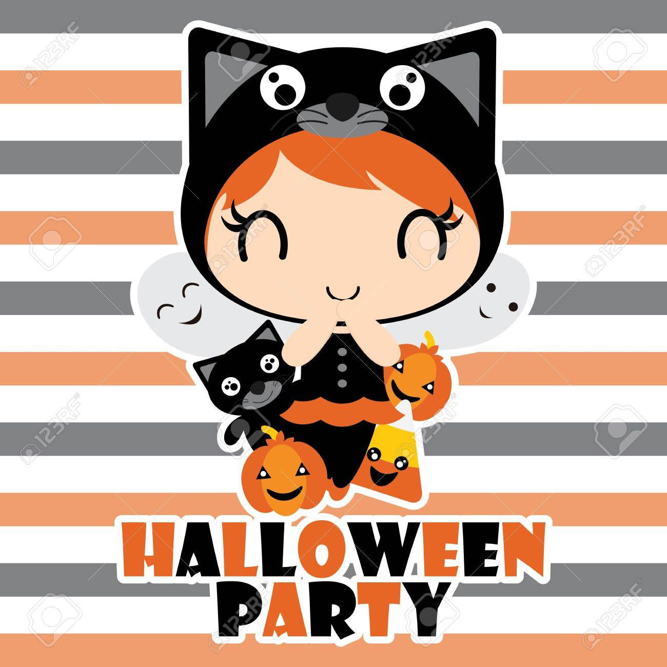 Fille Mignonne De Chat Noir Jack O Lantern Et Fantômes Dans Halloween Party Vector Illustration De Dessin Animé Pour La Conception De Cartes