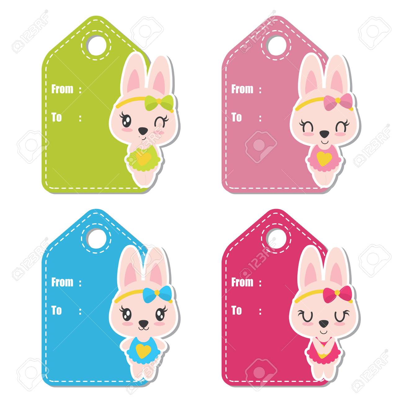 カラフルな背景に可愛いバニーガール ベクトル ラベル タグ ベビー シャワー ギフト タグ設計のため漫画イラスト Stciker セット デザインの イラスト素材 ベクタ Image