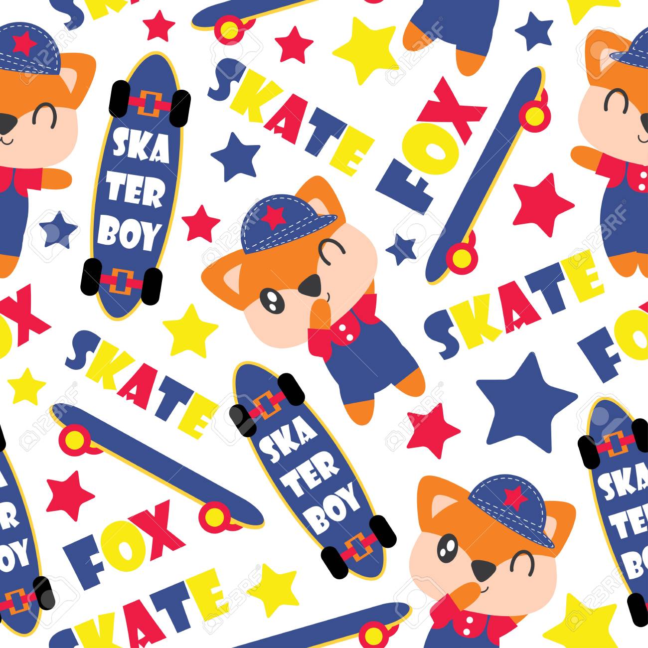 a pattern of cute fox boy and skateboards cartoon illustration