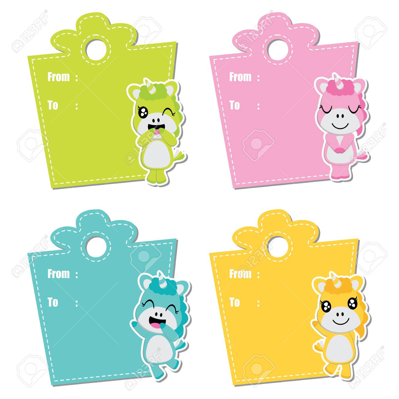 誕生日ギフト フレーム ベクトル漫画イラスト誕生日ギフト タグ デザインのかわいいユニコーン女の子タグのラベルし ステッカー セット デザインのイラスト素材 ベクタ Image