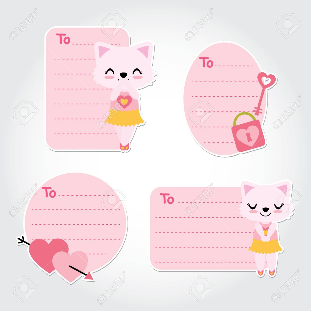 Cute Cat Heart Arrow And Love Padlock Vector Cartoon Illustration