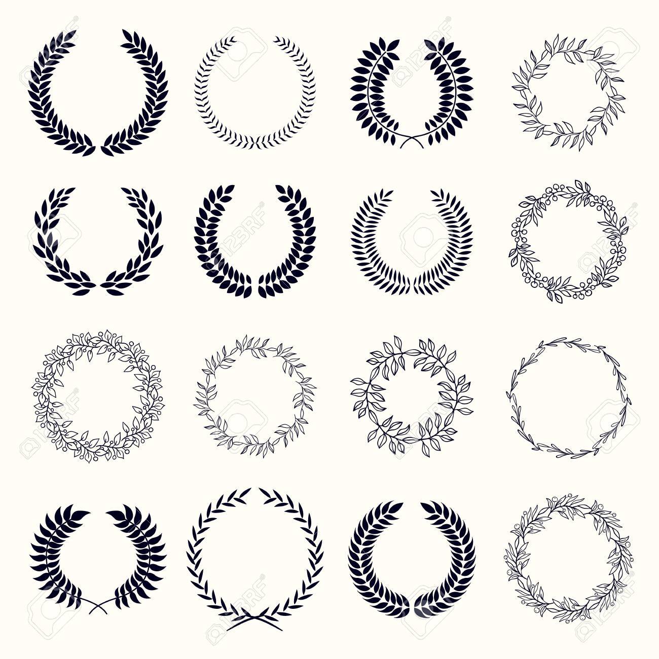 月桂樹の花輪のセットです 小麦や月桂樹の紋章ラウンド要素 区別のマークを受賞します のイラスト素材 ベクタ Image