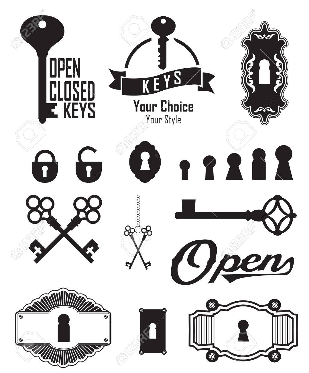 別の美しいシルエットの鍵穴 シルエットの鍵と鍵穴のセットです 装飾されたフレーム 白の背景にベクトル イラスト のイラスト素材 ベクタ Image