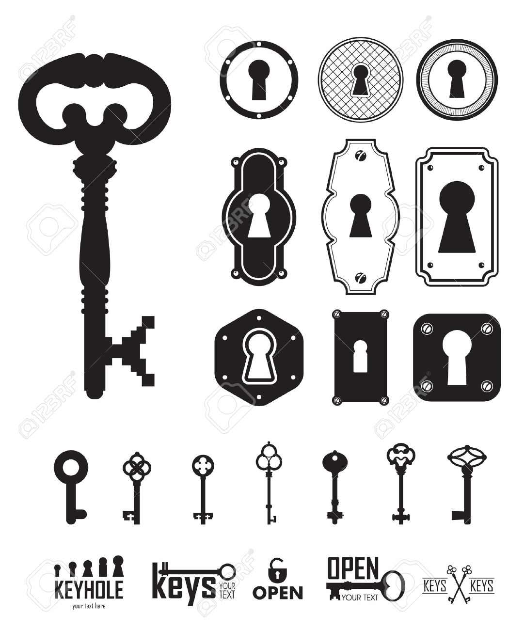 別の美しいシルエットの鍵穴 シルエットの鍵と鍵穴のセットです 装飾されたフレーム 白の背景にベクトル イラスト のイラスト素材 ベクタ Image