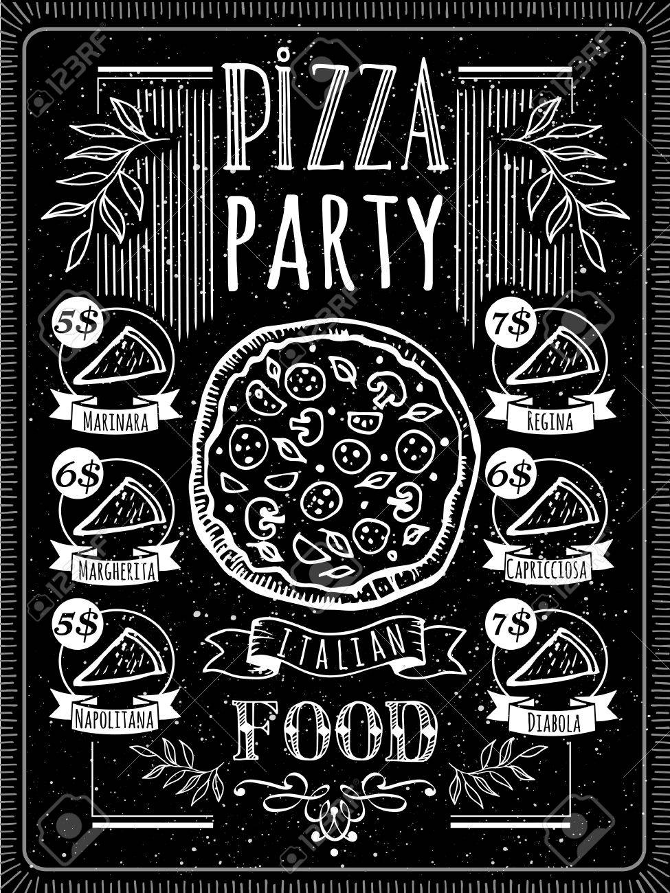 黒板にピザのポスター ソーセージのピザのおいしいスライス のイラスト素材 ベクタ Image 44223440