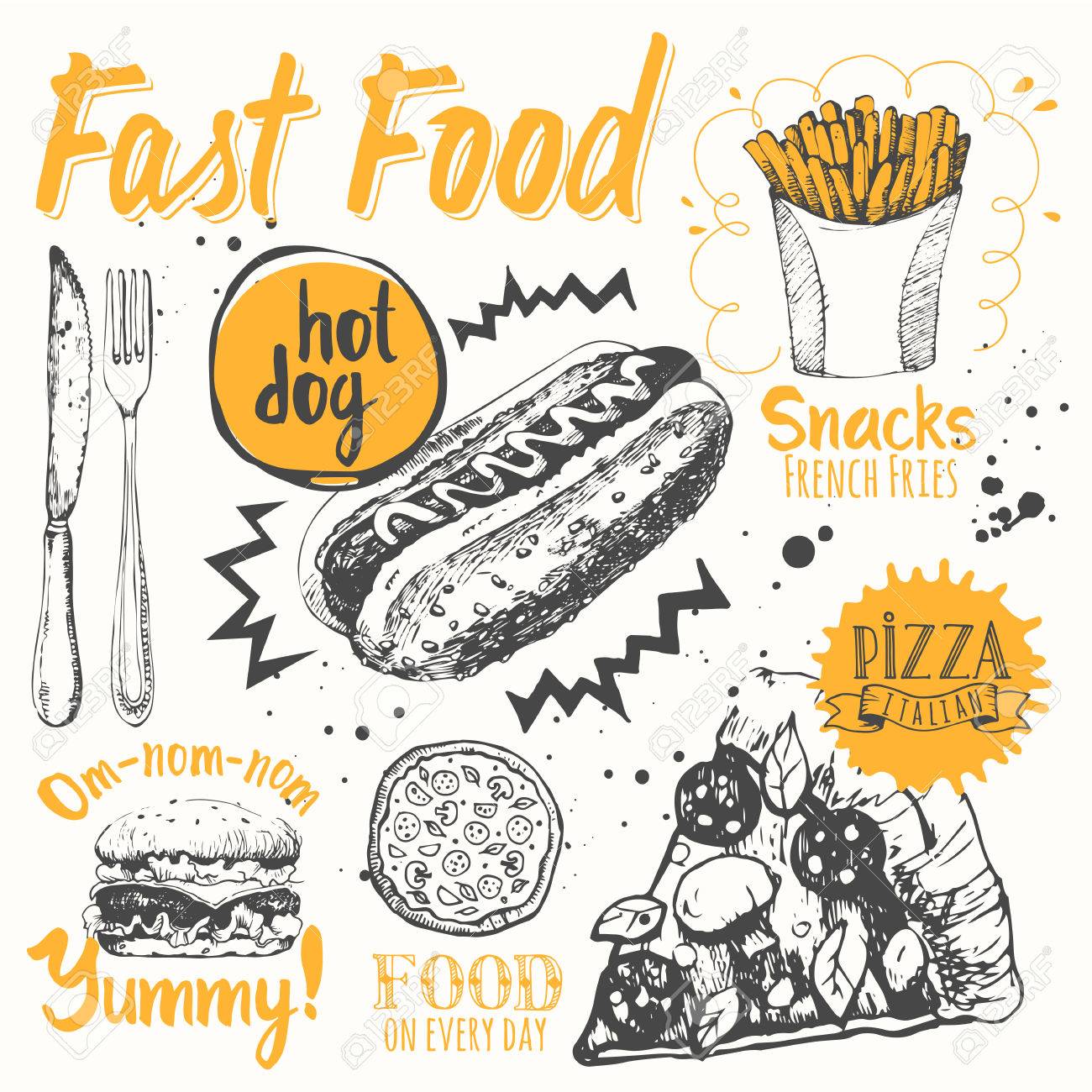 Funny labels of street food: pizza, snacks, sandwiches and hot dog. - 49287732 Funny labels of street food: pizza, snacks, sandwiches and hot dog. - 49287732