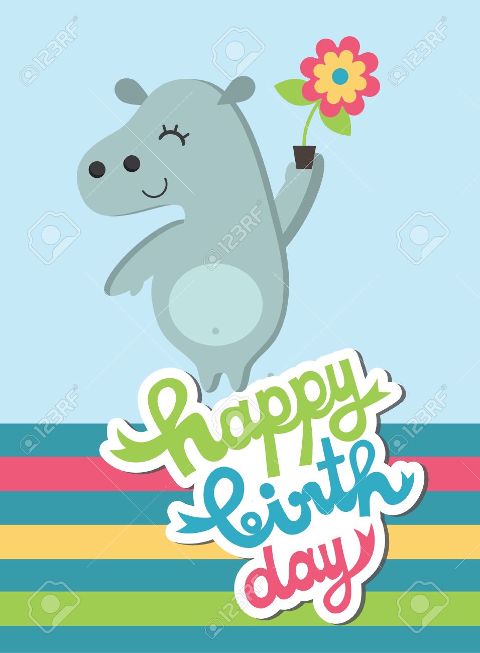 cute happy birthday card with fun hippo vector illustration royalty