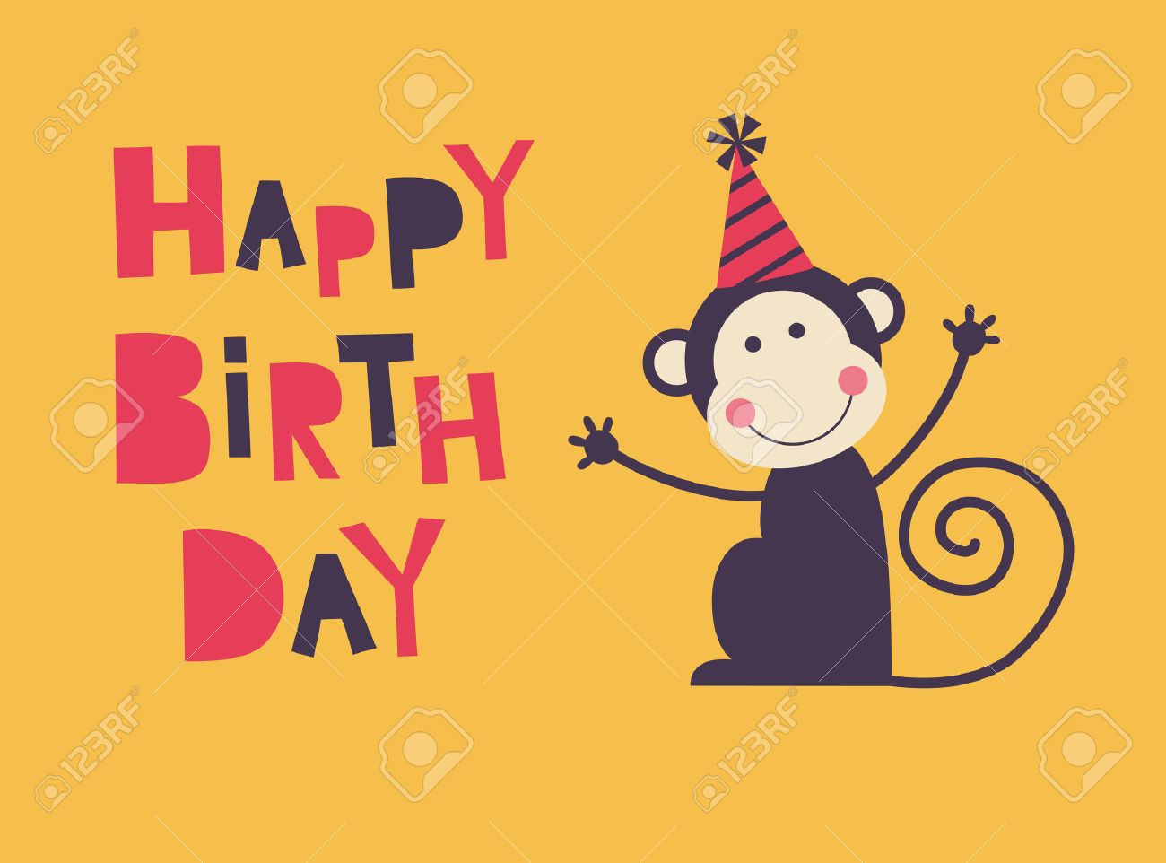 楽しみを可愛いお誕生日おめでとうカード猿 のイラスト素材 ベクタ Image