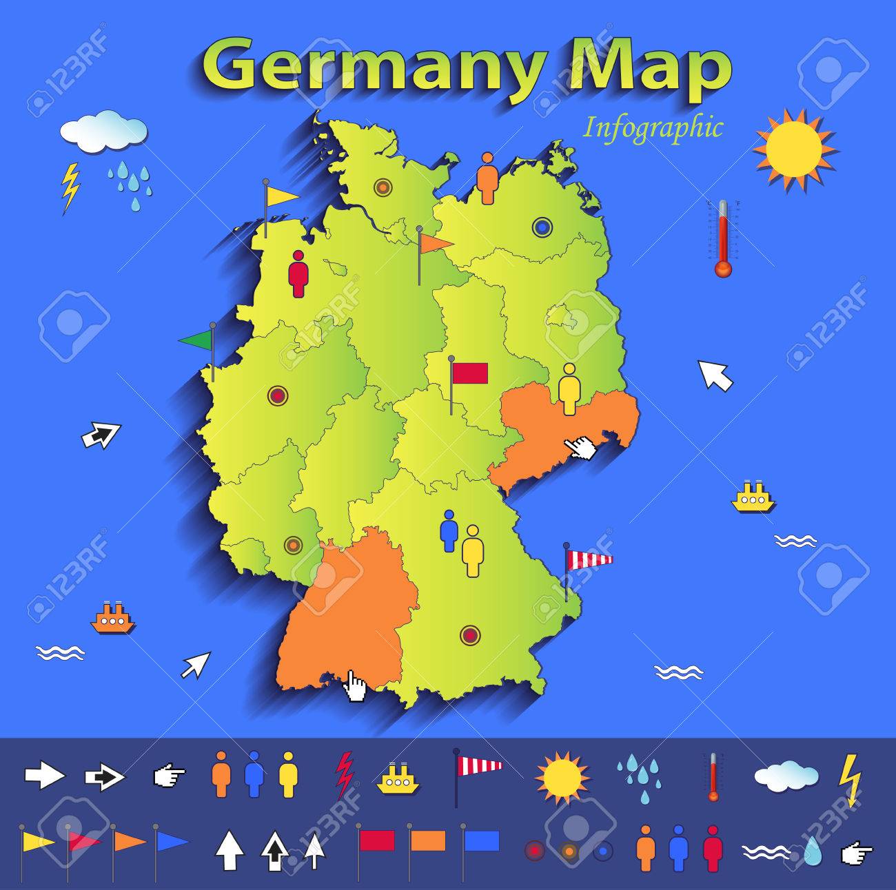 germany map infographic political map individual states blue green card paper 3d vector stock vector