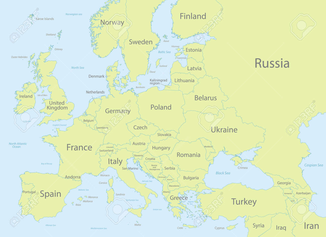 Europa Met Delen Van Azië Klassieke Kleur Gedetailleerde Kaart, Individuele  Staten En Eilanden En Zee Met Namen Vector Royalty vrije SVG, Cliparts,  Vectoren, en Stock Illustratie. Image 182584087