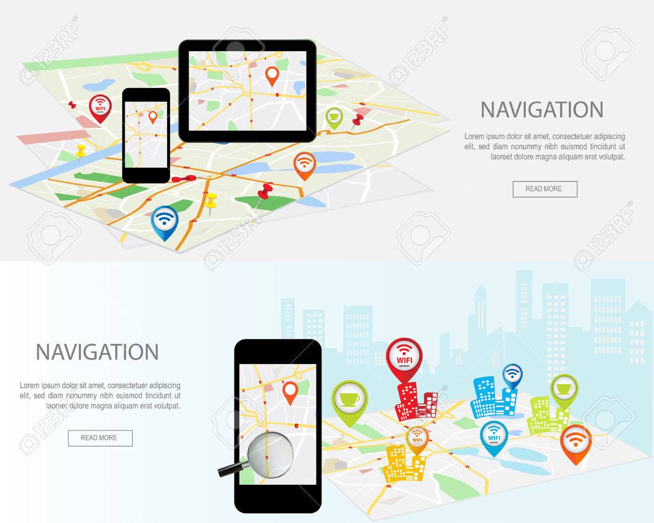 Mobile navigation concept. Modern set of flat design concepts with city map gps navigator on smartphone and tablet screen. Concepts web banner web sites, infographics and printed materials. - 48319522 Mobile navigation concept. Modern set of flat design concepts with city map gps navigator on smartphone and tablet screen. Concepts web banner web sites, infographics and printed materials. - 48319522