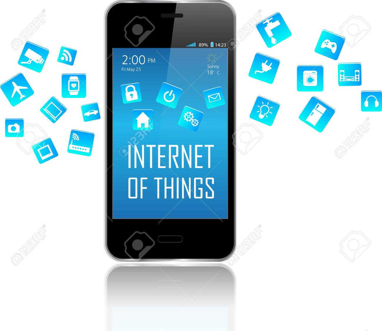 Умный Телефон С Интернет Вещей (IoT) Объектов Значок Соединения Вместе.  Интернет-сети Концепции. Приложение Выходит Из Смарт-телефона Белом Фоне.  Интернет Вещей Клипарты, SVG, векторы, и Набор Иллюстраций Без Оплаты  Отчислений. Image 51275336