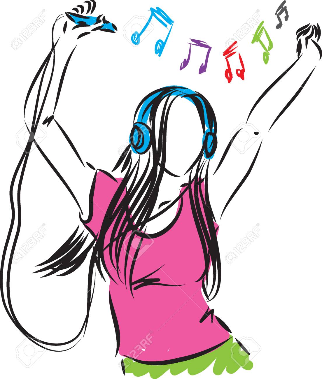 女性少女リスニング音楽イラストのイラスト素材 ベクタ Image