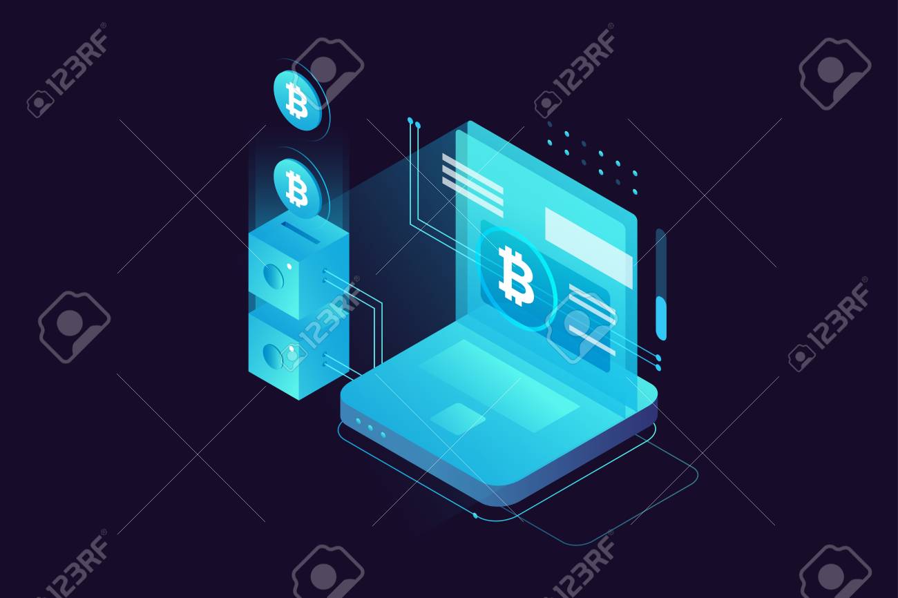 Concept De Crypto-monnaie Et De Blockchain. Ferme Pour Extraire Des  Bitcoins. Marché Monétaire Numérique, Investissement, Finance Et Commerce.  Parfait Pour La Conception Web, La Bannière Et La Présentation.  Illustration Vectorielle Isométrique. Clip
