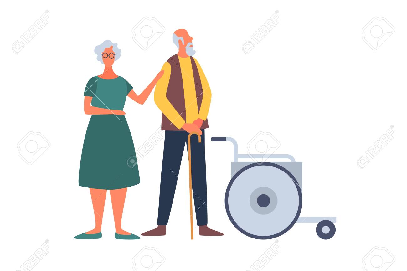 Elderly married couple and wheelchair. Help for the elderly and sick people. The concept of comfortable life in old age. People of old age in different situations. - 151406561 Elderly married couple and wheelchair. Help for the elderly and sick people. The concept of comfortable life in old age. People of old age in different situations. - 151406561