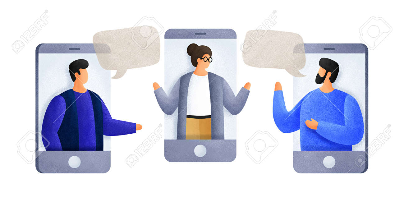 Chatting with colleagues using mobile phones. Young men of talk to each other, discuss news, social networks. Colleagues are negotiating. People with speech bubbles dialogs. Illustration. - 151407070 Chatting with colleagues using mobile phones. Young men of talk to each other, discuss news, social networks. Colleagues are negotiating. People with speech bubbles dialogs. Illustration. - 151407070