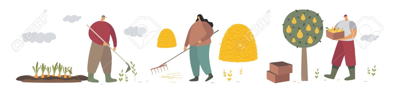 A group of farmers engaged in agricultural activities. Work and cleaning in the garden. People working in the field. Farmland. Trendy flat vector illustration. - 151370635 A group of farmers engaged in agricultural activities. Work and cleaning in the garden. People working in the field. Farmland. Trendy flat vector illustration. - 151370635