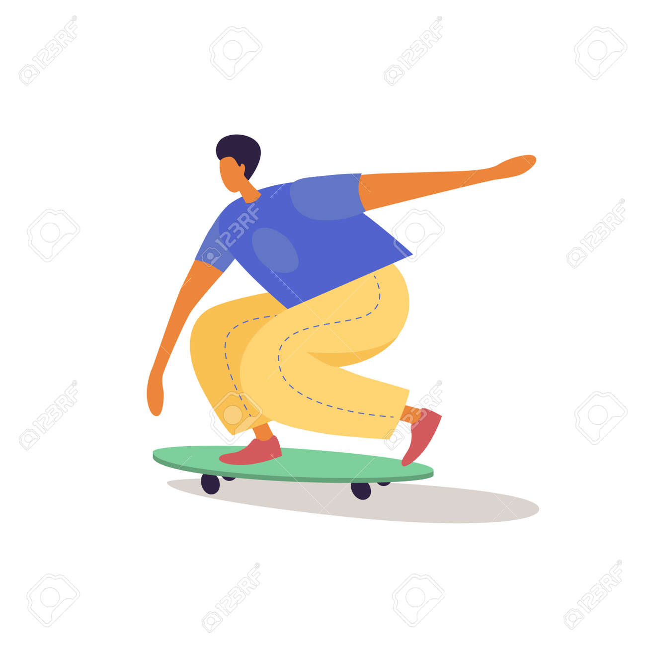 Boy-skateboarder riding a skateboard in trendy flat style. Summer active types of recreation. Vector illustration isolated on white background. - 151370577 Boy-skateboarder riding a skateboard in trendy flat style. Summer active types of recreation. Vector illustration isolated on white background. - 151370577
