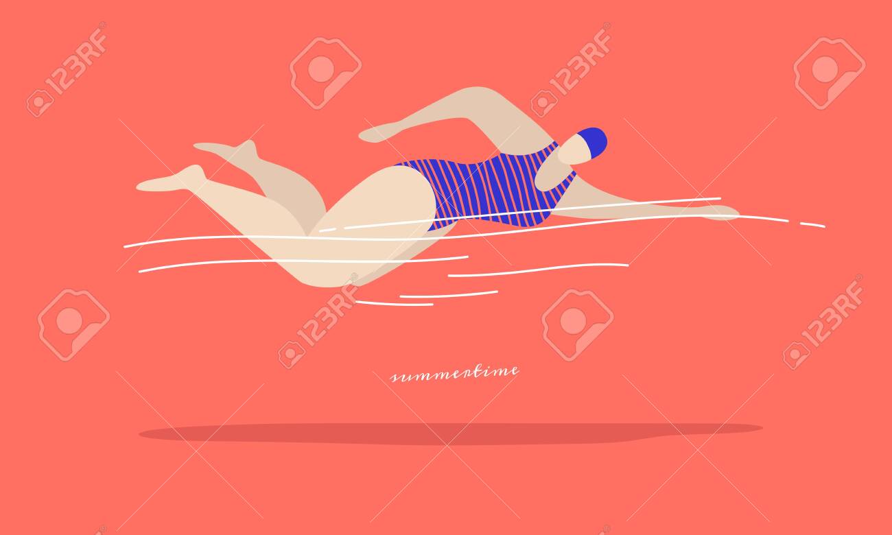 Fast swimming young woman in a striped swimsuit on a coral background. Types of swimming-crawl on the chest. - 151407068 Fast swimming young woman in a striped swimsuit on a coral background. Types of swimming-crawl on the chest. - 151407068