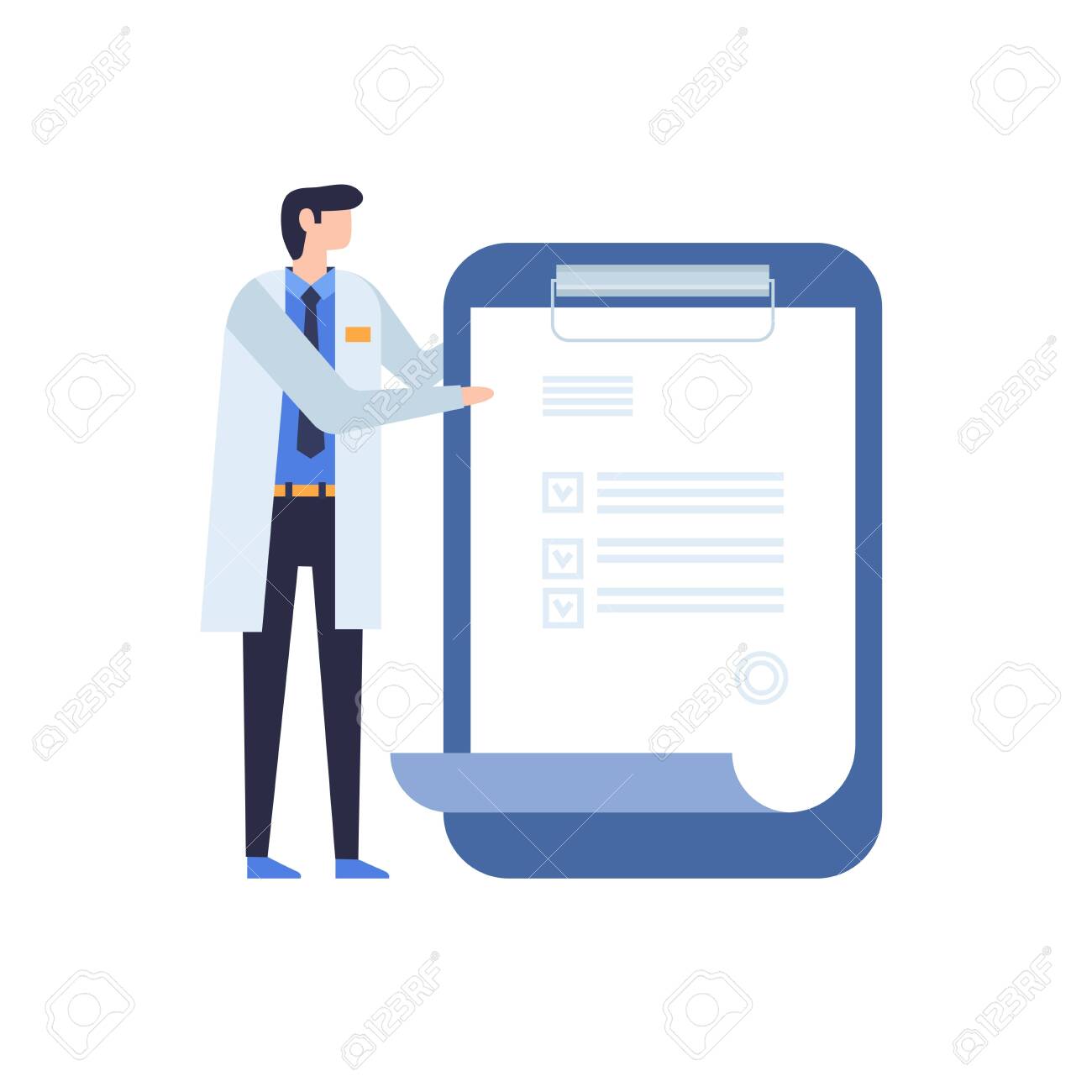 A doctor in a white coat shows a prescription on a tablet. The concept of treatment and examination in medicine. Vector illustration on white isolated background. - 151373204 A doctor in a white coat shows a prescription on a tablet. The concept of treatment and examination in medicine. Vector illustration on white isolated background. - 151373204