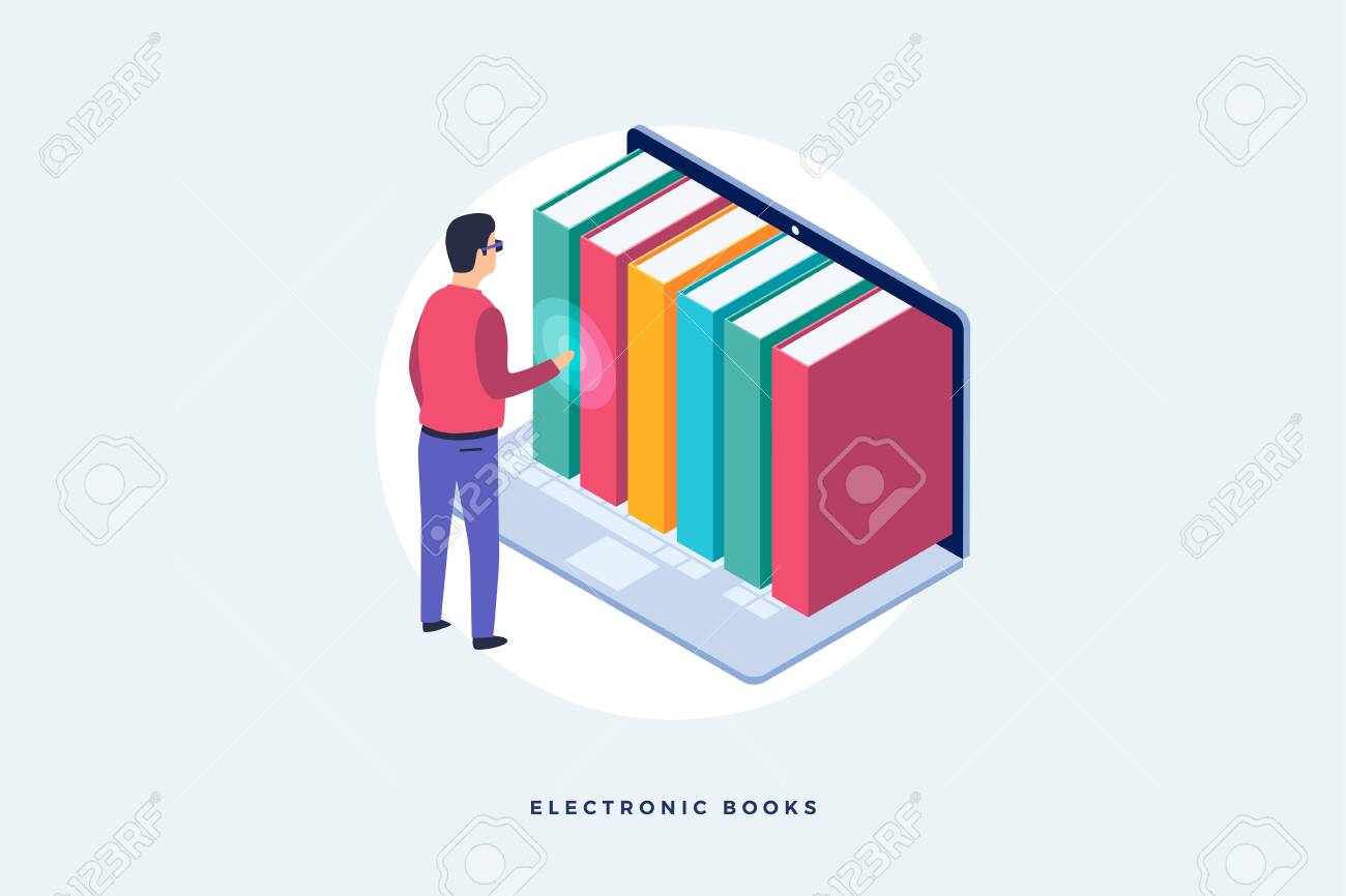 Concept of electronic books. An image of man standing in front of laptop and electronic books. Isometric vector illustration. - 151380557 Concept of electronic books. An image of man standing in front of laptop and electronic books. Isometric vector illustration. - 151380557