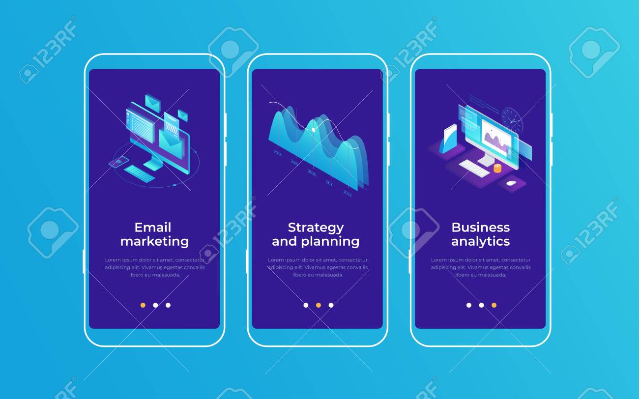 Set of onboarding screens for mobile apps. Banners with monitors screen and graph demonstrating email marketing, business planning and analytics. Mobile UI UX app interface template. - 151407082 Set of onboarding screens for mobile apps. Banners with monitors screen and graph demonstrating email marketing, business planning and analytics. Mobile UI UX app interface template. - 151407082
