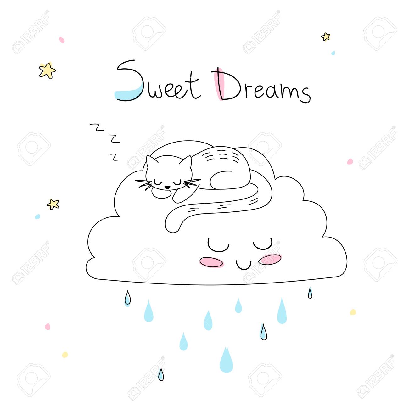 保育美術 面白いソフト クラウド上で寝るかわいい小さな手描きネコ のイラスト素材 ベクタ Image