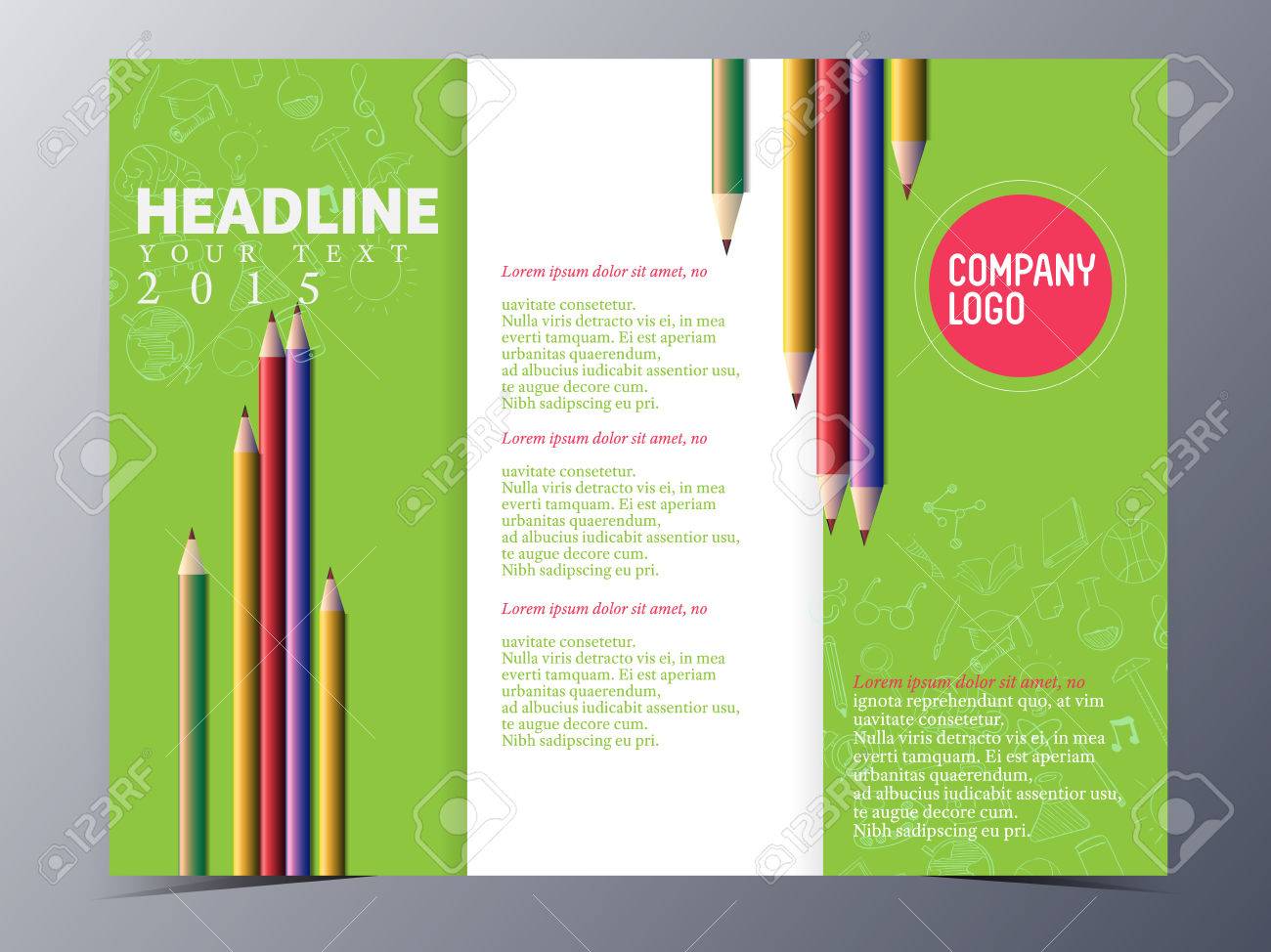 商品発表会や企業プレゼンテーションとして使用する鉛筆パンフレット テンプレート三つ折りベクトル イラストのカラフルなグループのイラスト素材 ベクタ Image