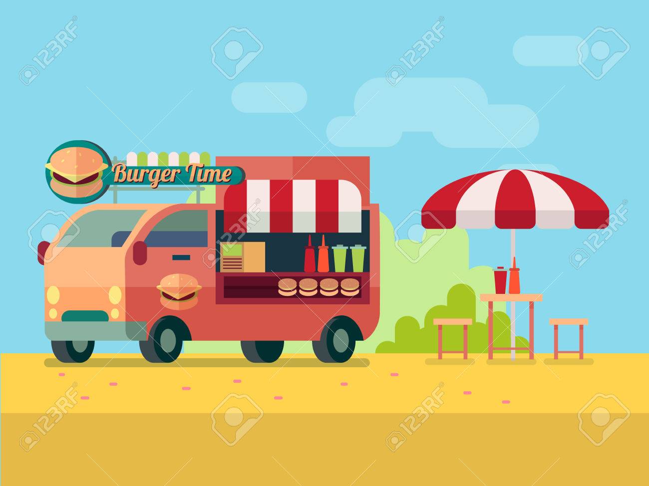 Burger Food Truck Delivery And Picnic. Mobile Food For Outdoor Recreation  Vector Illustration Royalty Free SVG, Cliparts, Vectors, and Stock  Illustration. Image 42412021., image size:1300x974