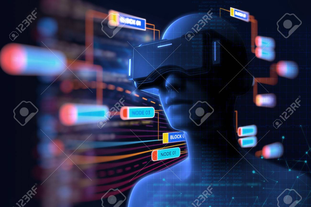 3d Rendering Of Virtual Human In Vr Headset On Futuristic Technology And Programming Languages Background Represent Virtual Reality Technology Stock Photo Picture And Royalty Free Image Image