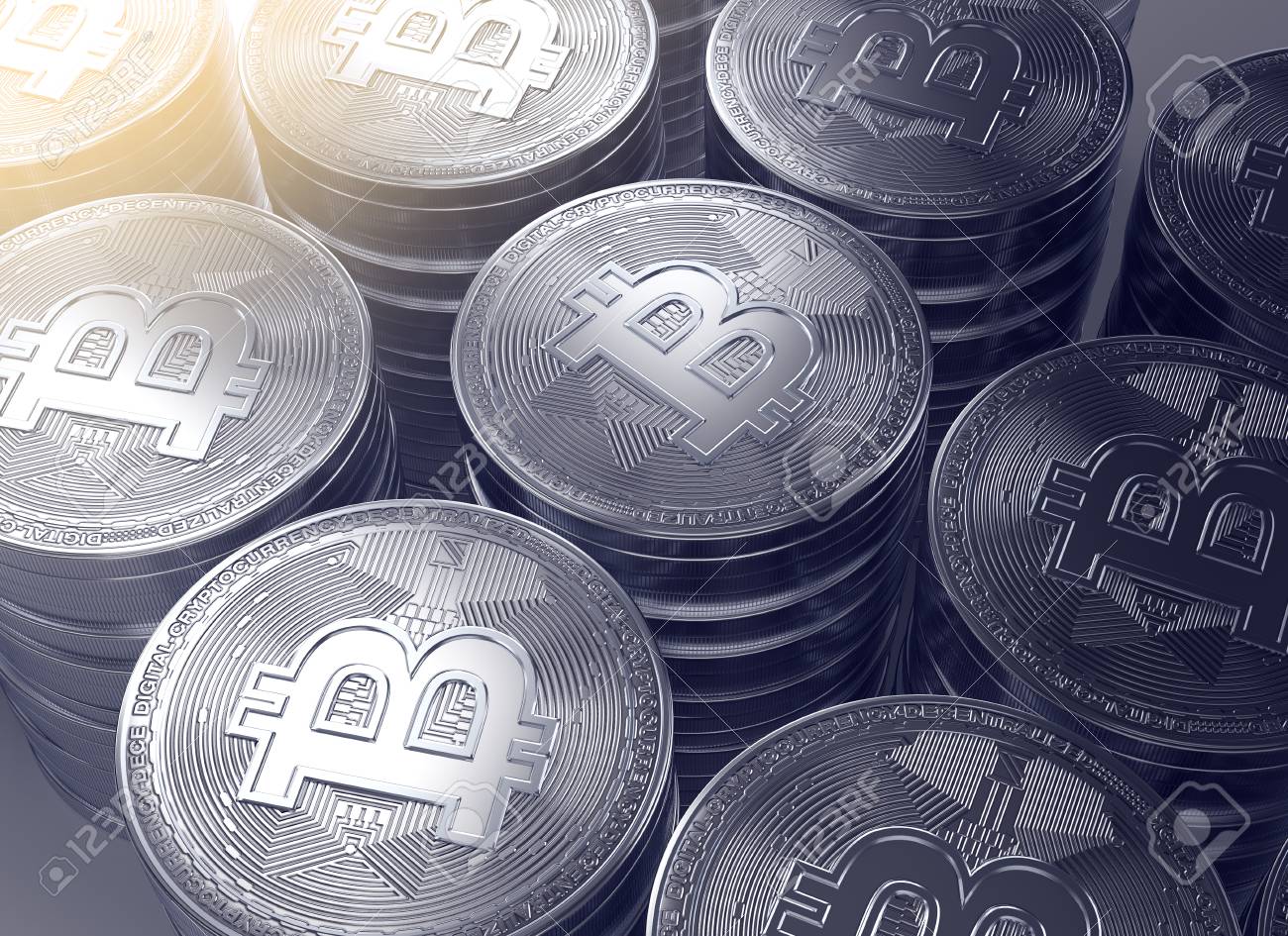 ビットコインのスタックの3dイラスト ブロックチェーンコンセプトに基づいて新しい暗号通貨ベース の写真素材 画像素材 Image