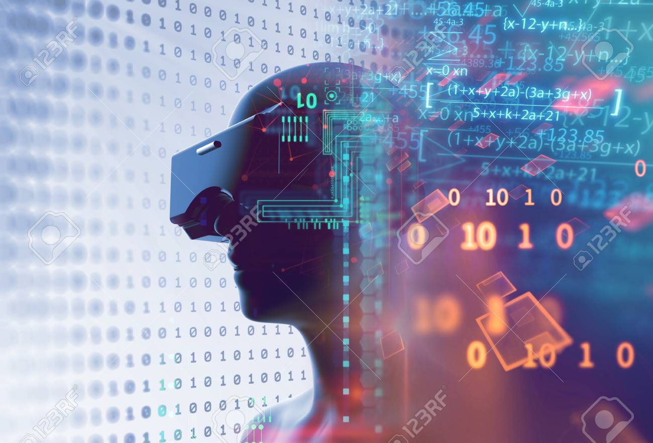 3d rendering of virtual human in VR headset on futuristic technology and programming languages background represent virtual reality technology . - 118032510 3d rendering of virtual human in VR headset on futuristic technology and programming languages background represent virtual reality technology . - 118032510