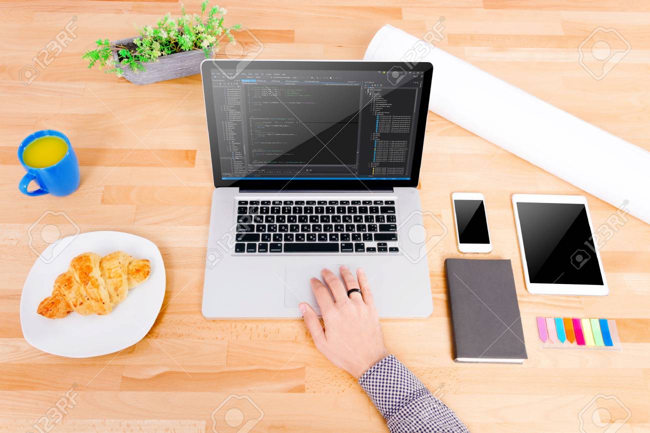 Download Software Engineer S Workplace With Mockup Tablet Mockup Smartphone Blue Cup Croissant The Engineer Working On The Laptop Note Code Was Got From Github With Free License For Commercial Use Mit Stock Photo