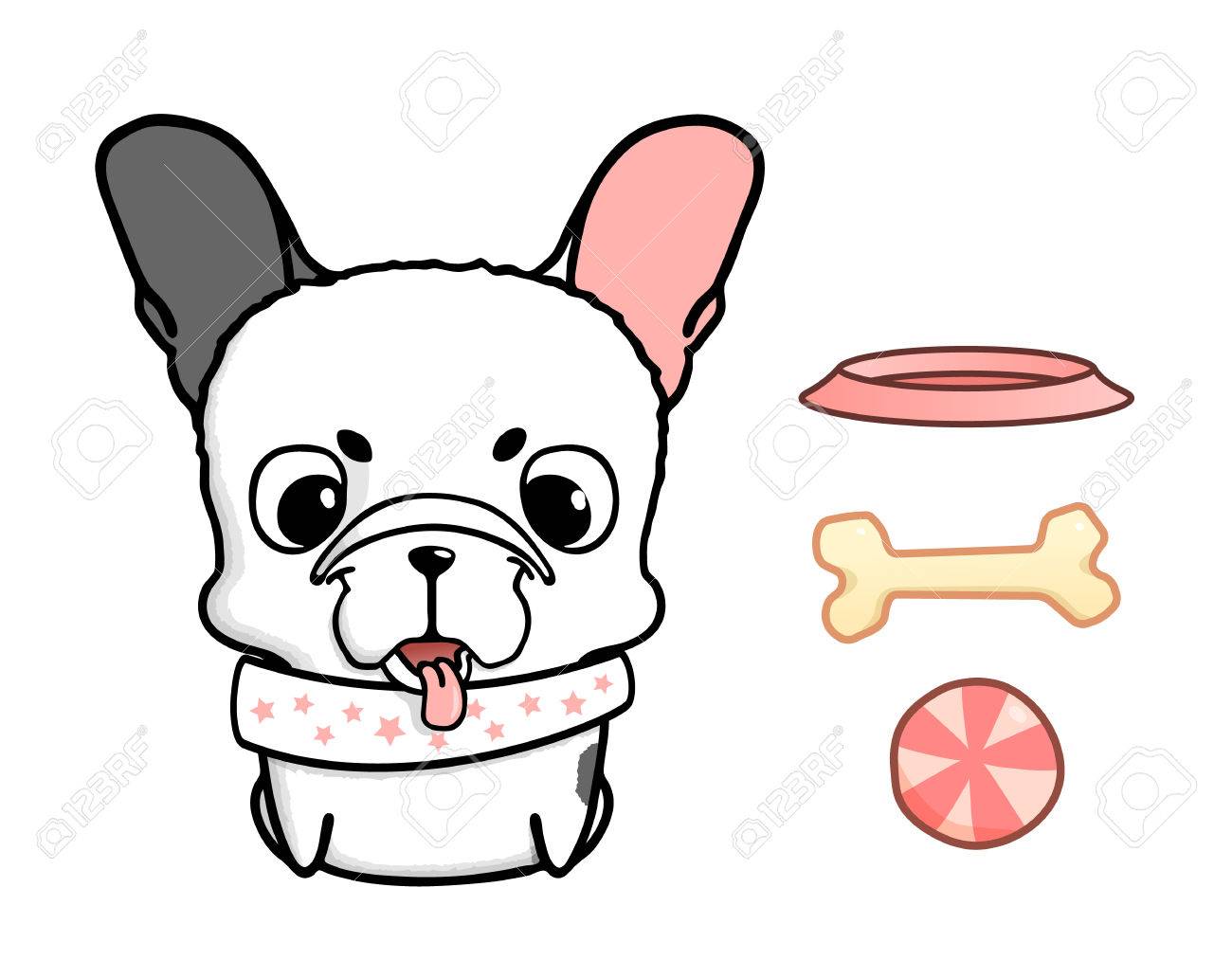 Chiot Bouledogue Français Vector Illustration Du Petit Chien Mignon Avec Grosse Tête Chiot Avec Un Bol Les Os Et La Balle Isolé Sur Blanc