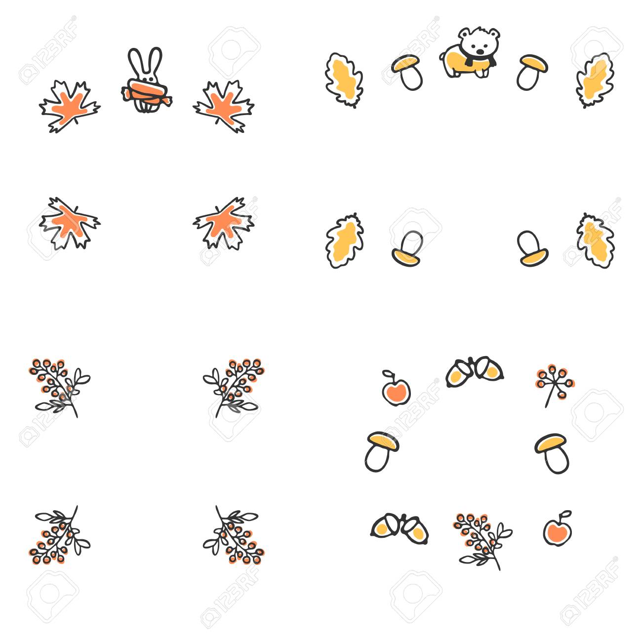 秋のフレームのセットです かわいい背景イラスト 秋は紅葉 スカーフを持つ動物 ドングリおよび果実を落書き のイラスト素材 ベクタ Image