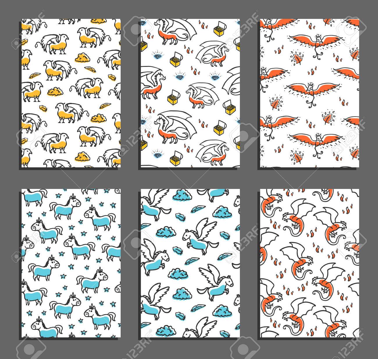 神話上の獣とグリーティング カードのセットです かわいい子供のイラスト 漫画 Grifin ドラゴン フェニックス ユニコーン ペガサス バジリスクと背景 のイラスト素材 ベクタ Image