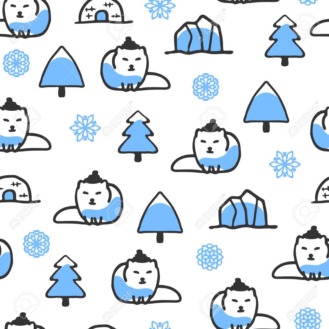 かわいい落書きホッキョクギツネとシームレスなパターン 北雪と氷山の動物 面白いキツネ帽子をかぶっています のイラスト素材 ベクタ Image