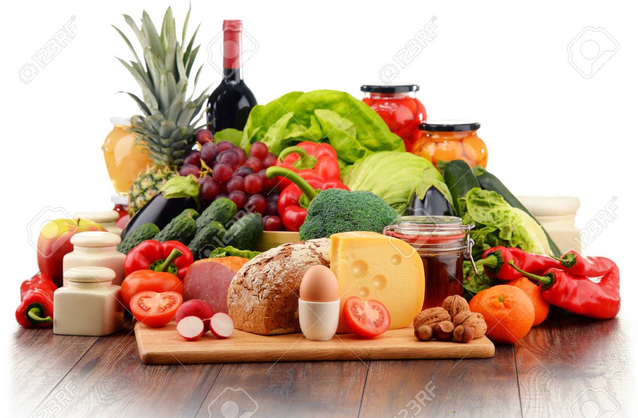 Variety of organic food including vegetables fruit bread dairy and meat. Balanced diet. - 51295838 Variety of organic food including vegetables fruit bread dairy and meat. Balanced diet. - 51295838