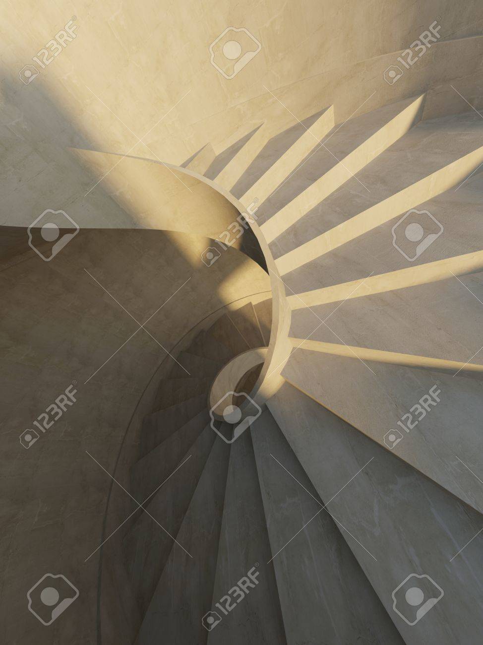interior with spiral concrete staircase in soft sunlight stock photo