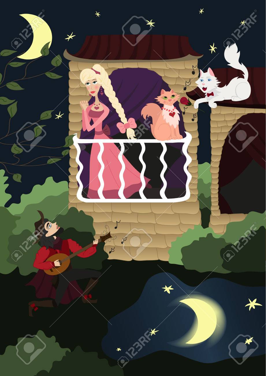 恋姫のバルコニーの下で彼の恋人のためのセレナーデ マンドリン演奏高貴なキャバリアのイラスト素材 ベクタ Image