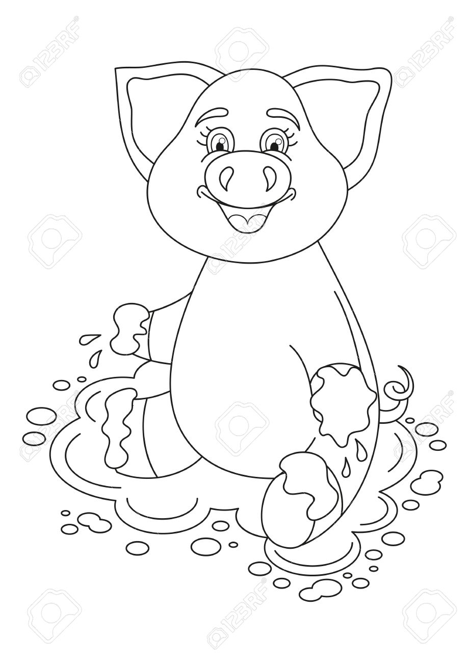 水たまりにかわいいブタのベクトル イラスト 面白い貯金箱に座っている汚れ水たまり 子供用本ページを着色のイラスト素材 ベクタ Image 58298013